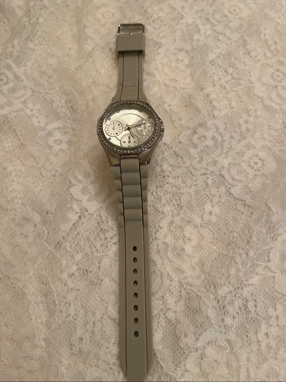 Ladies Grey and Crystal-Accent Chronograph Watch